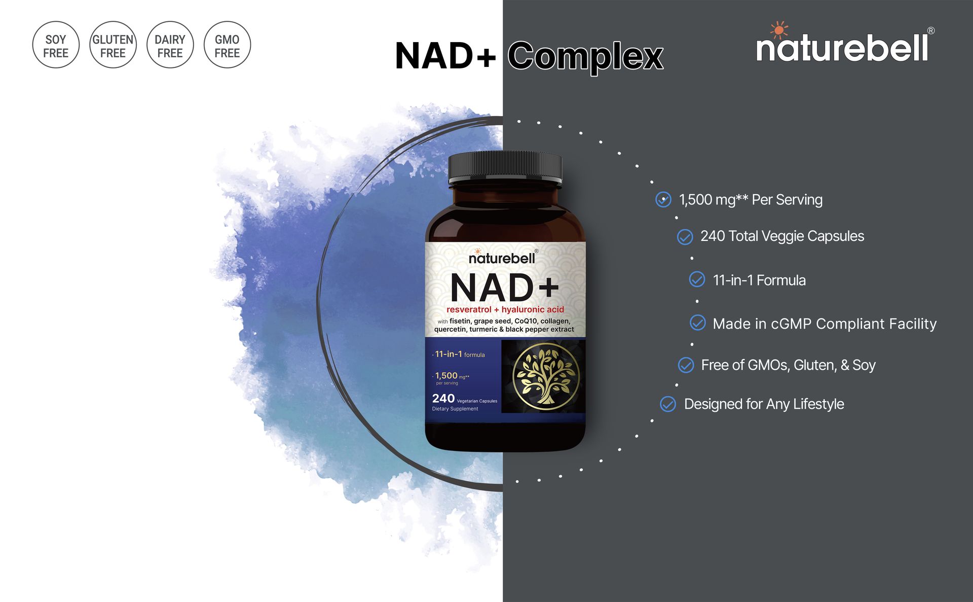 NatureBell NAD+ 11-in-1 Complex 1,500 mg** Per Serving, 240 Veggie Capsules | NMN Supplement Alternative | NAD with Resveratrol, CoQ10, Hyaluronic Acid, Fisetin, & More – Non-GMO