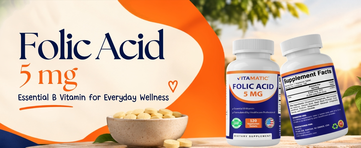 Vitamatic Folic Acid 5 mg (5,000 mcg), 120 Vegetarian Tablets (3 Pack)