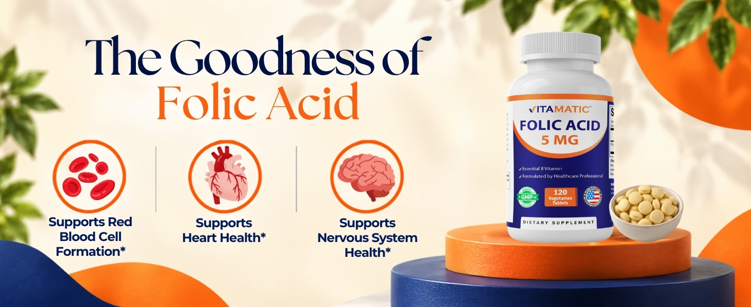 Vitamatic Folic Acid 5 mg (5,000 mcg), 120 Vegetarian Tablets (3 Pack)