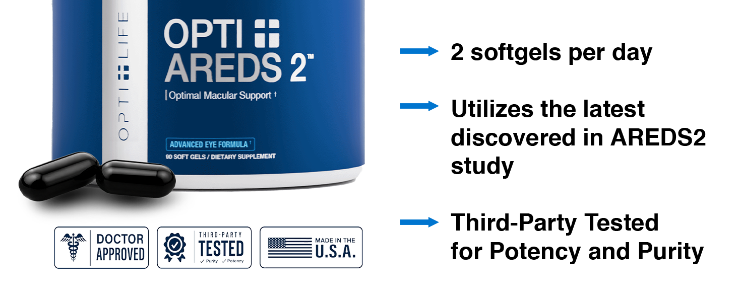 Opti + Life AREDS 2 Formula Eye Vitamins for Adults 50+, 90 Softgels