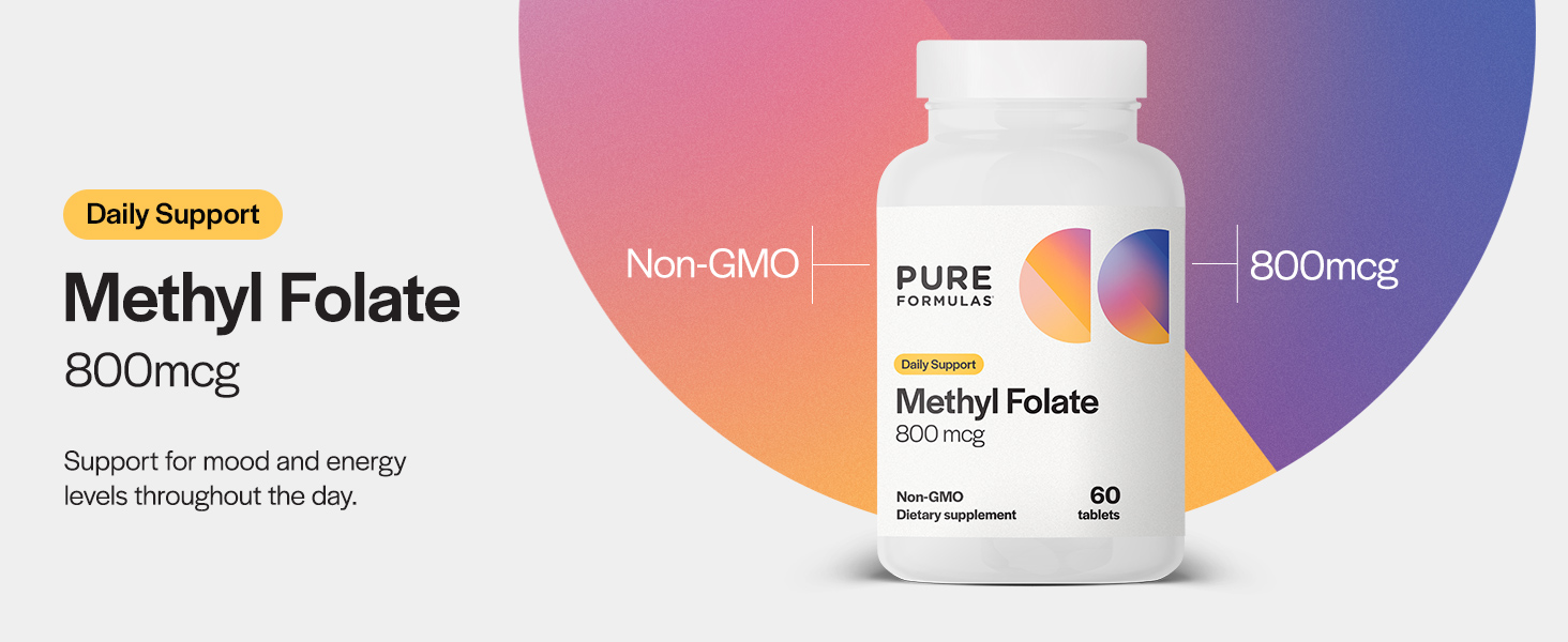 PureFormulas Methylfolate 800 mcg – Active B9 (5-MTHF) for Cardiovascular, Nerve & Mood Health, Non-GMO Vegetarian Tablets, 60 Count
