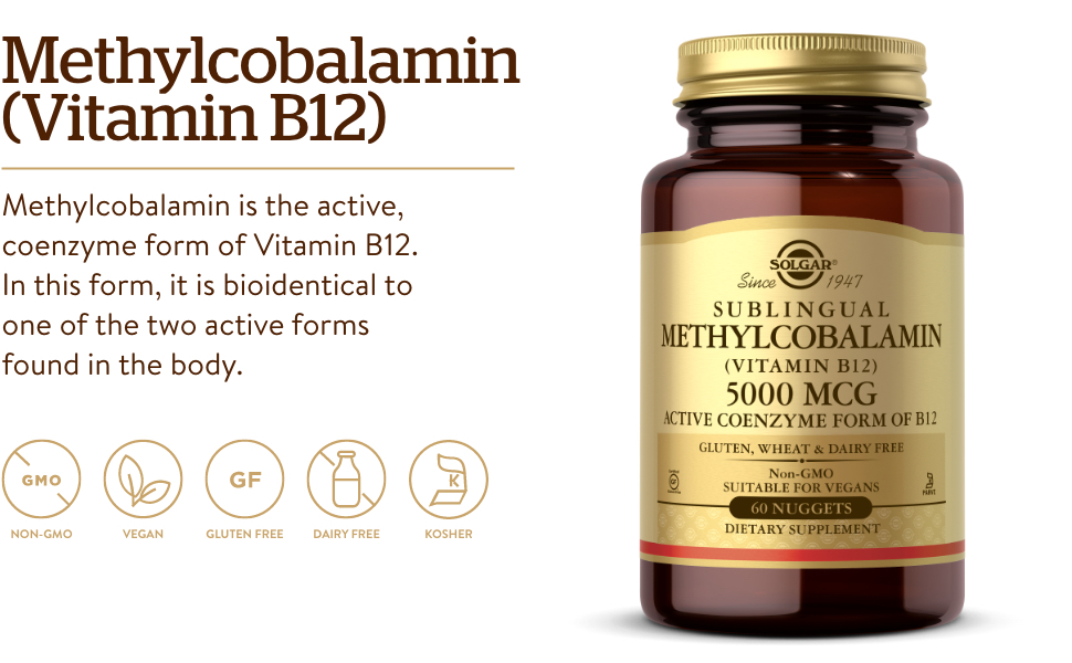 Solgar Methylcobalamin (Vitamin B12) 5000 mcg, 60 Nuggets - Cherry Flavor - Supports Energy Metabolism - Body-Ready, Active Form - Non-GMO, Vegan, Gluten Free - 60 Servings