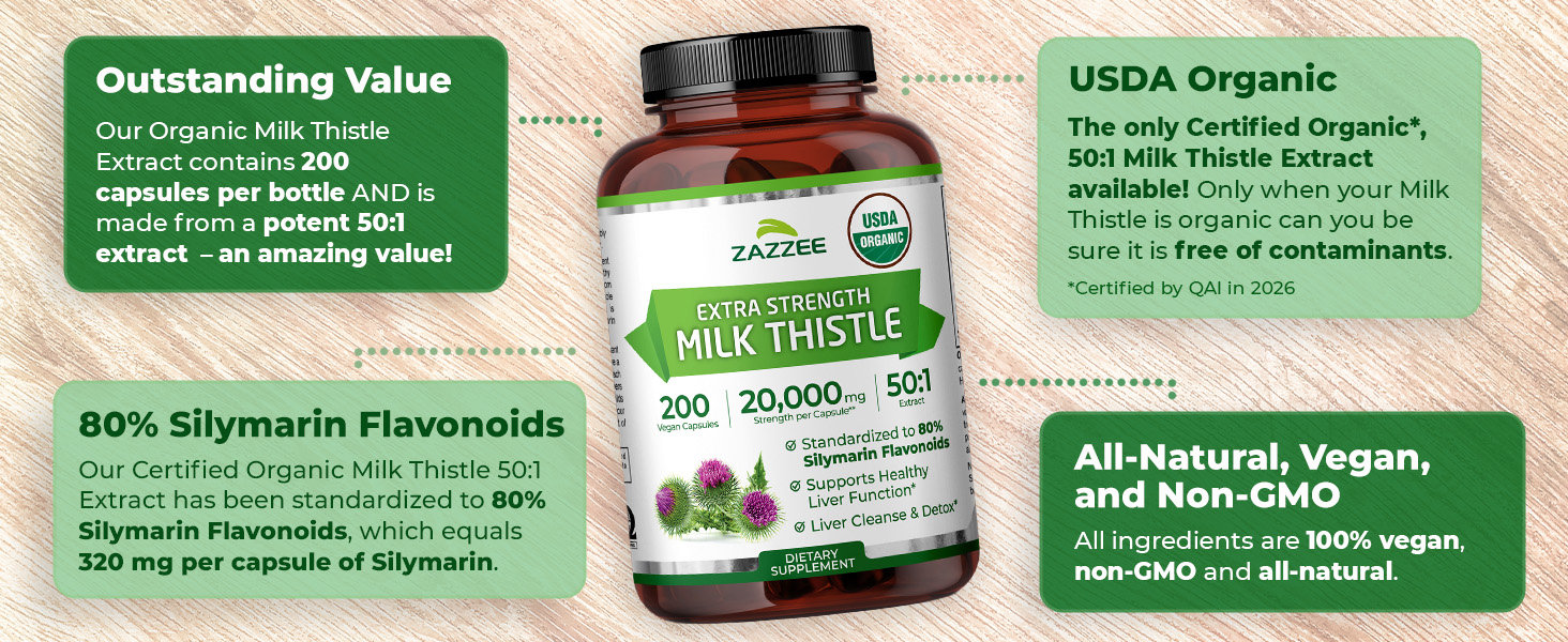 Zazzee USDA Organic Milk Thistle 50:1 Extract, 200 Vegan Capsules