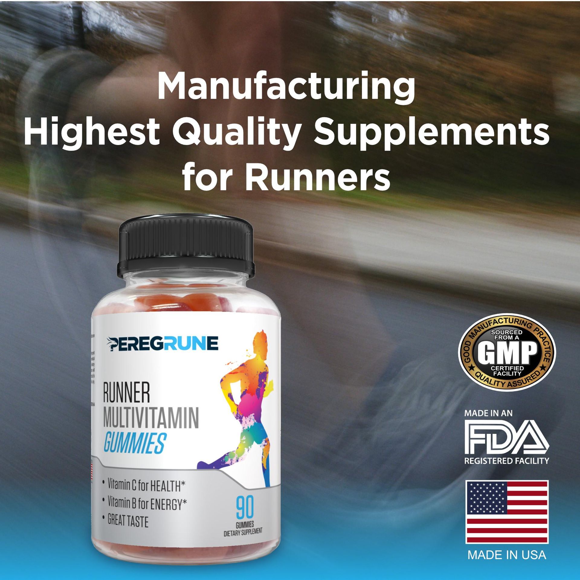 Runner Multivitamin Gummies - Daily Vitamin for Running with Vitamins A, C, D, E, and B Complex – 50% Less Sugar – Antioxidants, Recovery, Endurance, and Energy Gummy – Running Supplement