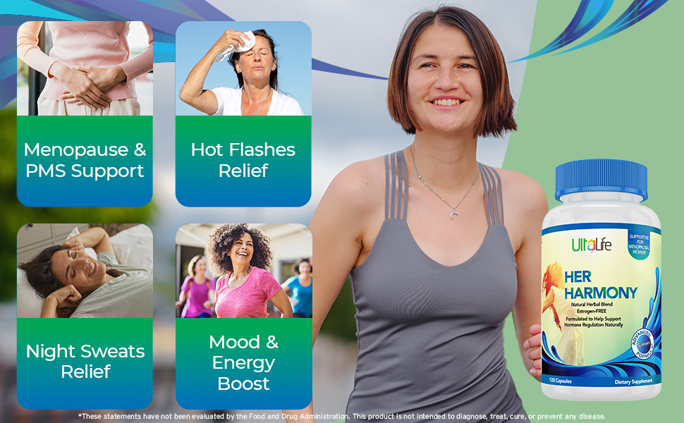UltaLife Her Harmony Menopause Supplements for Women - Hot Flashes Menopause Relief & Hormone Balance for Women - Contains Black Cohosh, Dong Quai, Red Clover & More - Estrogen Free - 120 Capsules