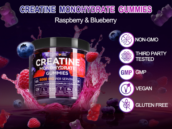 Swing Arm Creatine Monohydrate Gummies 8000 mg for Men & Women, 120 Creatine Gummies for Muscle Growth, Strength & Recovery, Sugar Free Pre-Workout Supplement - Raspberry & Blueberry Flavor