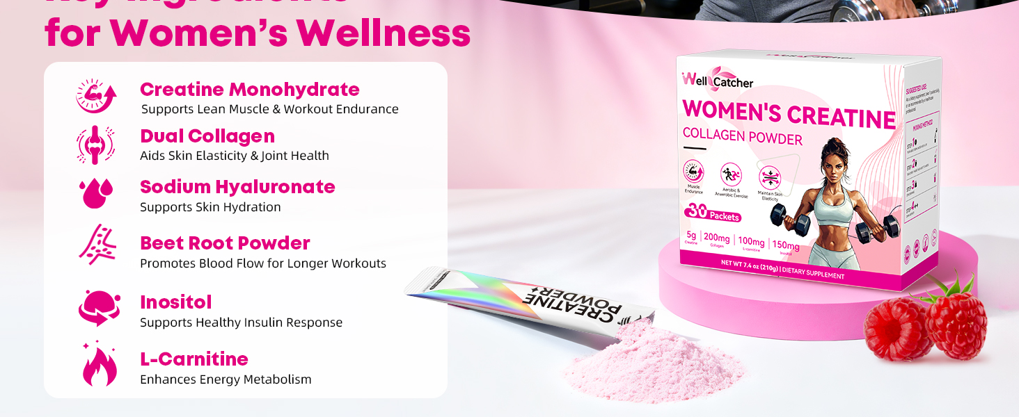 Women‘s Creatine Powder Travel Packets: Creatine Monohydrate Collagen Packs for Pre Workout Muscle Growth & Recovery Skin Elasticity Energy Metabolism with Inositol Beet Root Raspberry Flavor 30 Packs
