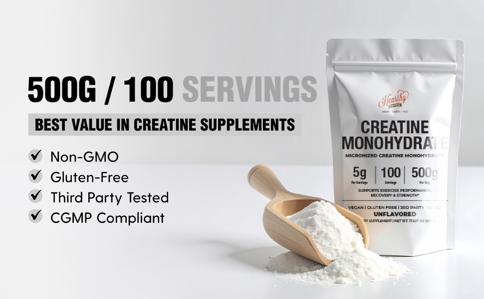 HEARTHY FOODS Creatine Monohydrate Micronized Powder 500G - 100 Servings, 5000mg Per Serving (5g) - for Men & Women Muscle Growth & Recovery - UNFLAVORED