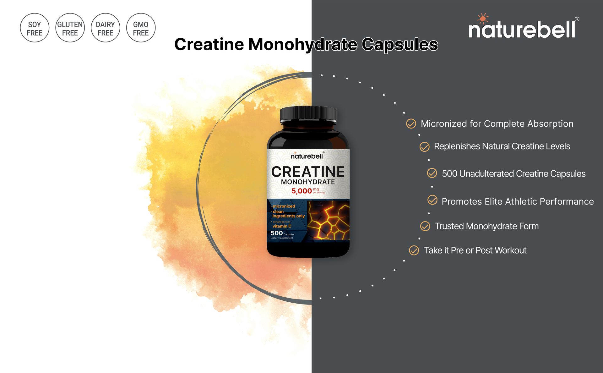 NatureBell Creatine Monohydrate Capsules 5,000mg Per Serving, 500 Count | Micronized, Unflavored Creatine Pills | Pre-Workout & Muscle Strength Support | Easy to Swallow, Filler-Free | 71 Servings