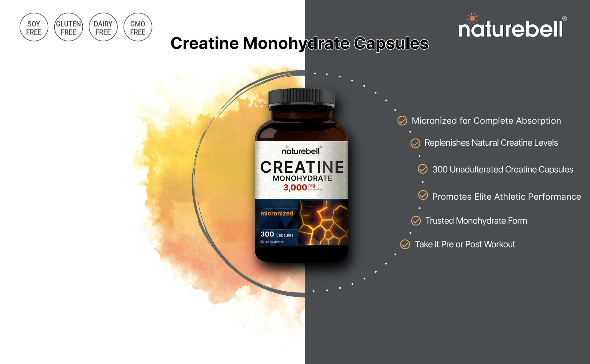 NatureBell Creatine Monohydrate Capsules 3,000mg Per Serving, 300 Count | Micronized, Unflavored Creatine Pills | Pre-Workout & Muscle Strength Support | Easy to Swallow, Filler-Free | 50 Servings