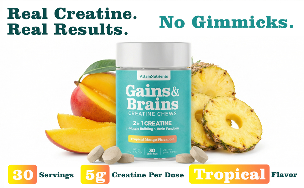 Creatine Chews - 5000mg Creatine Monohydrate Tablets for Men & Women with Ashwagandha KSM-66 - Low Sugar Muscle Support & Cognitive Boost - Gummy Alternative - 120 Count (Tropical Mango)