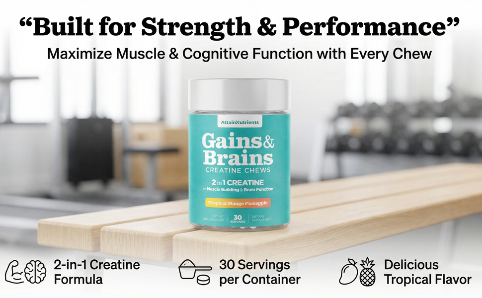 Creatine Chews - 5000mg Creatine Monohydrate Tablets for Men & Women with Ashwagandha KSM-66 - Low Sugar Muscle Support & Cognitive Boost - Gummy Alternative - 120 Count (Tropical Mango)