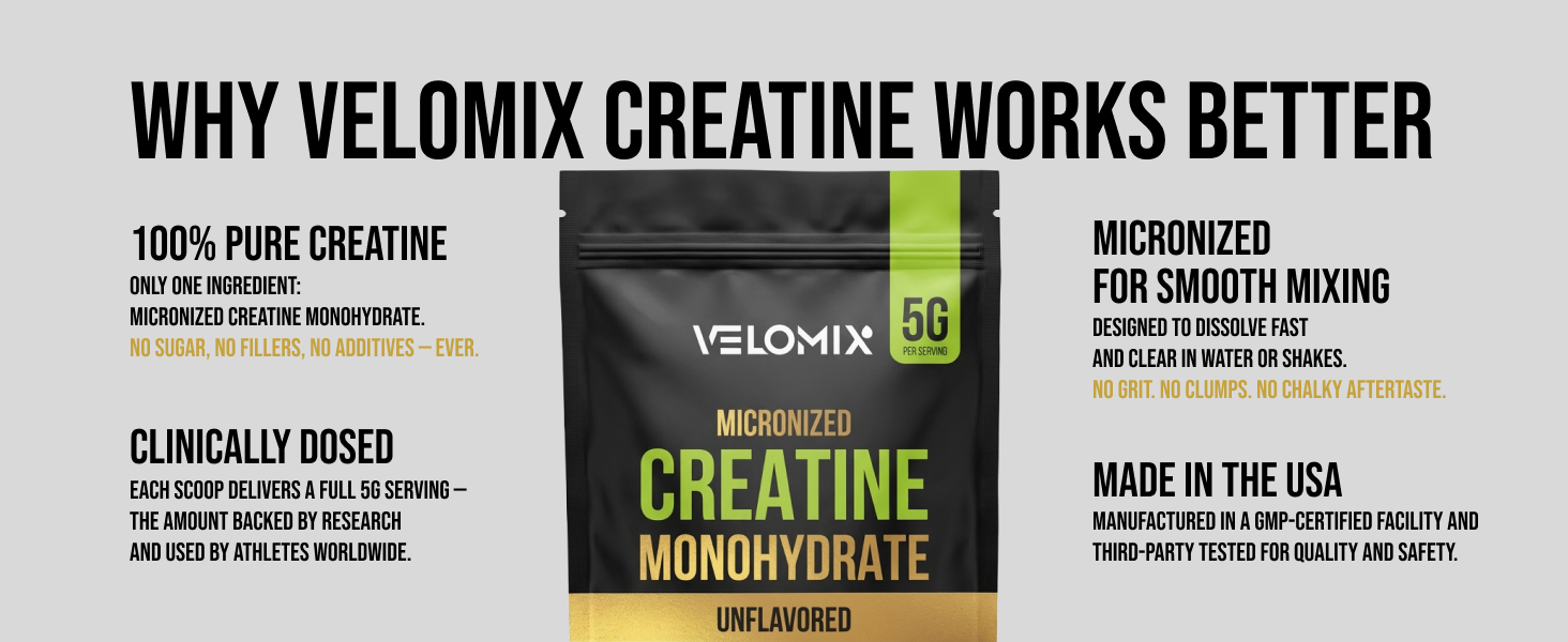 VELOMIX Micronized Creatine Monohydrate Powder - 100% Pure Creatine Powder Unflavored and Easy to Mix | Supports Muscle Growth, Recovery, and Strength | 5000mg Per Serv (5g) - 60 Servings