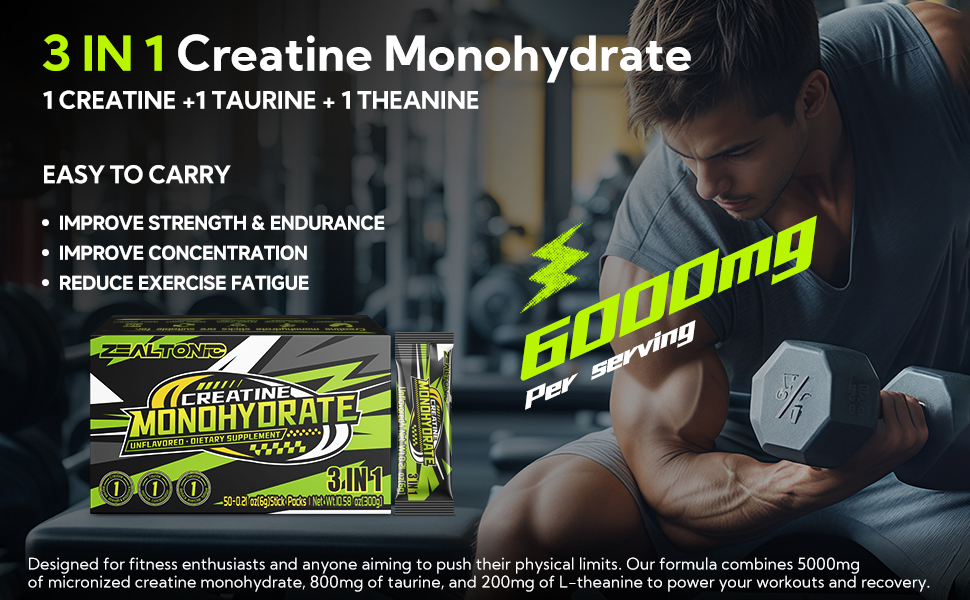5000mg 99.9% Micronized Creatine Monohydrate Powder Stick Packs with 800mg of Taurine, and 200mg of L-theanine Supports Strength, Lean Muscle, & Recovery for Men & Women Creatine Packets 50 Servings