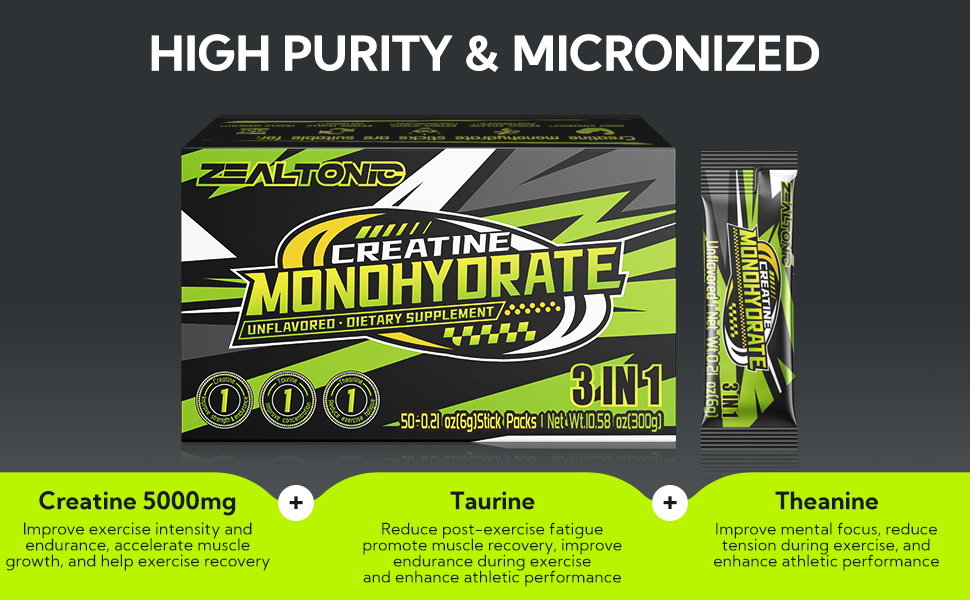5000mg 99.9% Micronized Creatine Monohydrate Powder Stick Packs with 800mg of Taurine, and 200mg of L-theanine Supports Strength, Lean Muscle, & Recovery for Men & Women Creatine Packets 50 Servings