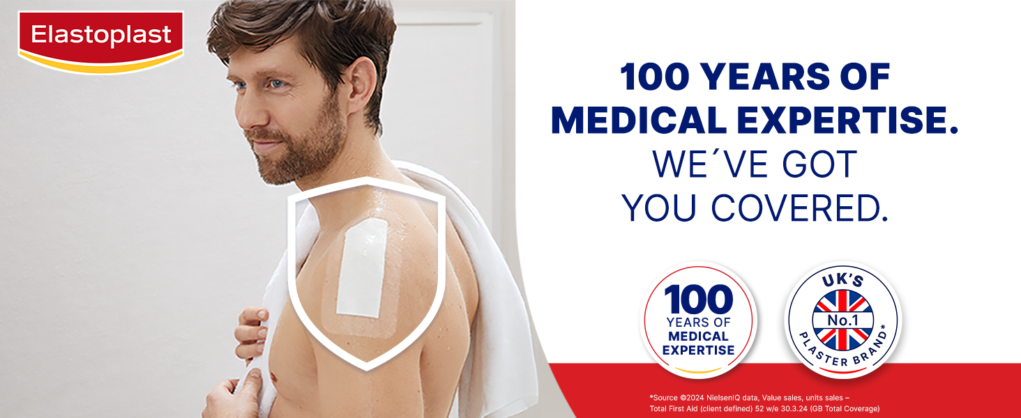 Elastoplast Waterproof XL Med+ Dressings (5 Pieces), Pack of First Aid Plasters, Large Plasters for Post-Operative Wounds, Waterproof Sterile Dressing for Wounds, 0% Latex, Flexible Material, Clear