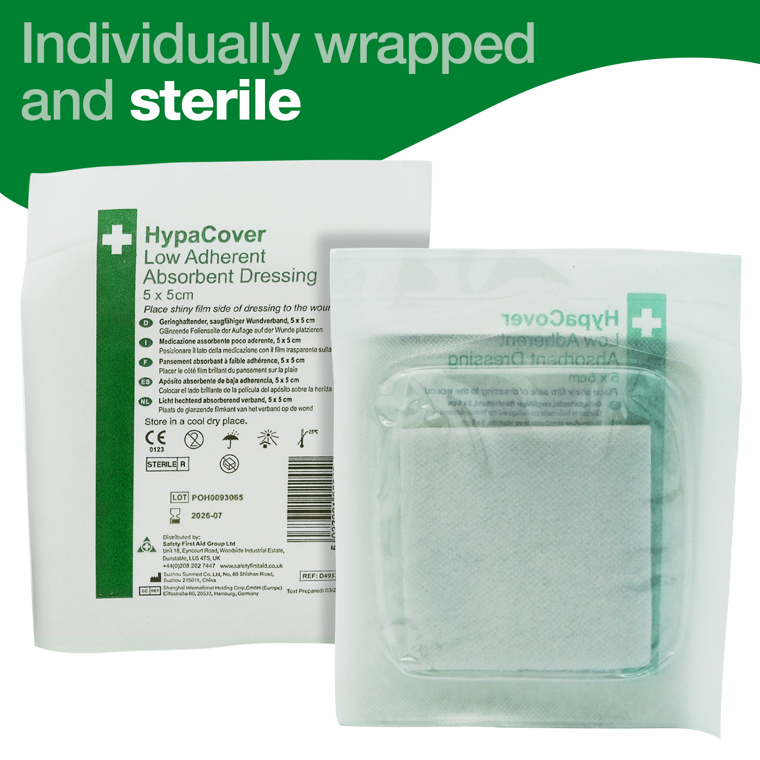 Safety First Aid HypaCover Pack of 25 Low Adherent Dressing, 5cm x 5cm