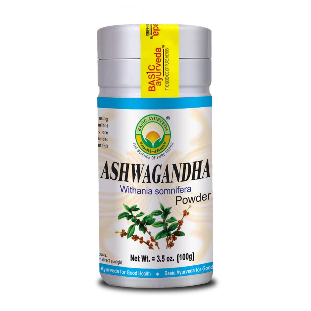 BASIC AYURVEDA Ashwagandha Polvere | Estratto di radice di ginseng indiano organico | Energia, messa a fuoco, & supporto di umore | Integratore naturale di erbe ayurvedica | 3.53 Oz (100g)
