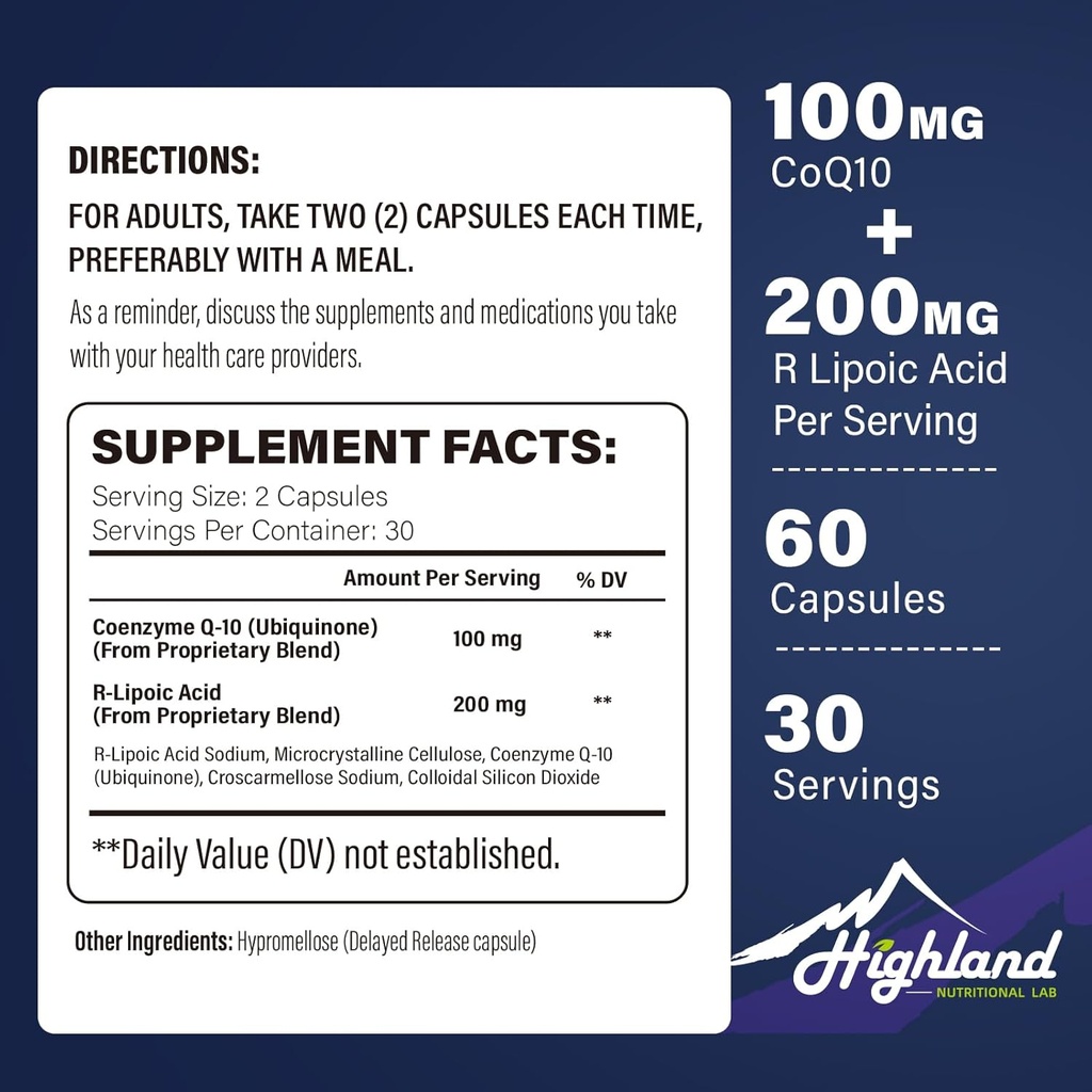 CoQ10 100mg + acido lipoico 200mg per porzione, 1 mese di fornitura, fino a 5X assorbimento migliorato, R-Lipoic Acid/CoQ10 supplemento per la salute del cuore e la salute cognitiva 60 capsule