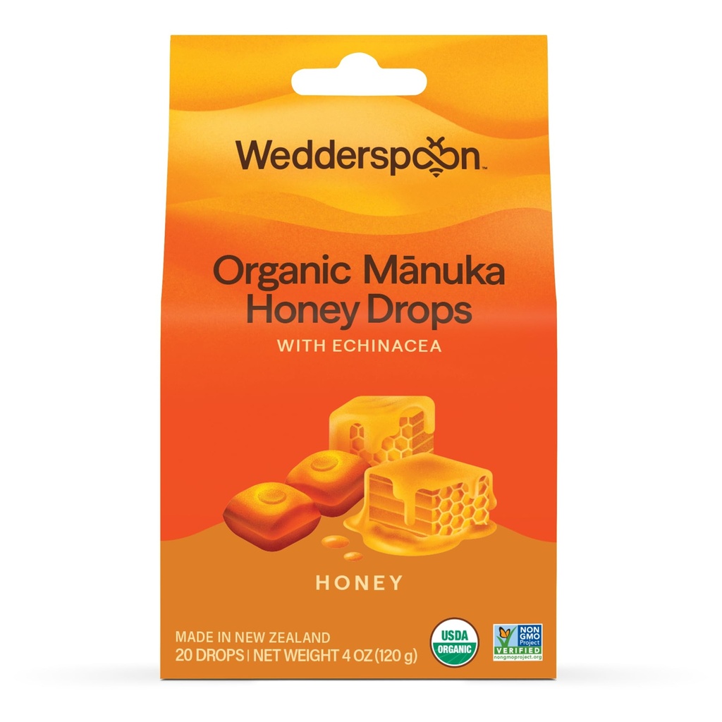Wedderspoon Organic Manuka Gocce di miele, Miele & Echinacea, 20 Conte (Pack of 1) | Genuine New Zealand Honey | Remedy perfetto per gomme secche
