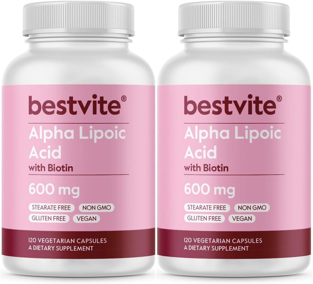 Acido alfa lipoico 600mg (per capsula) con Biotina per aumentare l'assorbimento (240 capsule vegetariane) (2 x 120) No Filler - No Stearates - No Flow Agents
