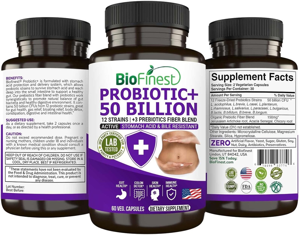 BioFinest Probiotic 50 miliardi CFU Enzime Supplemento - 12 Probiotici Strains con 3 Prebiotici Naturali - Digestione del fegato Detox Gas Bloating Constipation - Acidophilus for Men Women (60 tappi Veg.)
