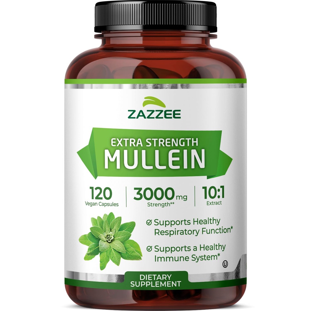 Zazzee Extra Forza Mullein 10:1 estratto, 3000 mg di resistenza, 120 capsule vegane, 4 mesi di alimentazione, standardizzato 10X estratto, 100% polvere di foglia pura, All-Natural e non-OGM, Made in the USA