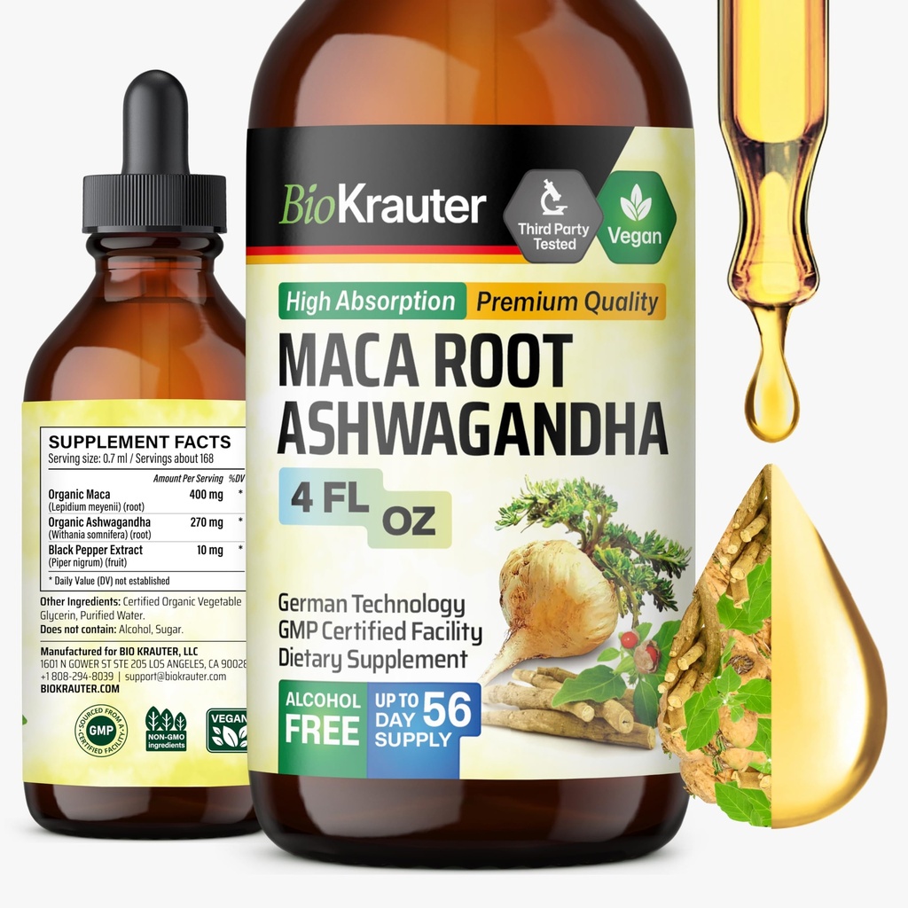 BIO KRAUTER Maca Root e Ashwagandha Tincture - Maca & Ashwagandha Integratori per Uomini e Donne - Supplemento liquido adaptogenico per il supporto del mood - Alcohol e Sugar Free Vegan Drops 4 Fl.Oz.