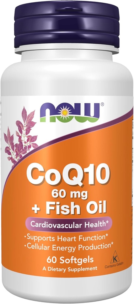 NOW Integratori alimentari, CoQ10 60 mg con Omega 3 Fish Oil, Salute cardiovascolare*, 60 Softgels