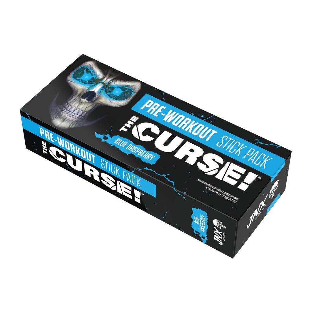JNX SPORTS The Curse! Polvere pre allenamento per uomini e donne, caffeina, Beta-Alanina, Creatina, L-Citrullina, 5 Serve, Blue Raspberry Flavor – Boost Energy, Forza & Focus