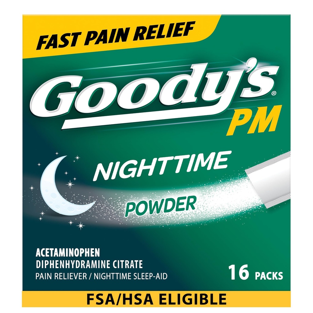 Polvere notturna di Goody, dolore Reliever & Sleep Aid con Acetaminophen & Diphenhydramine Citrato, Caffeina Free, 16 Conte