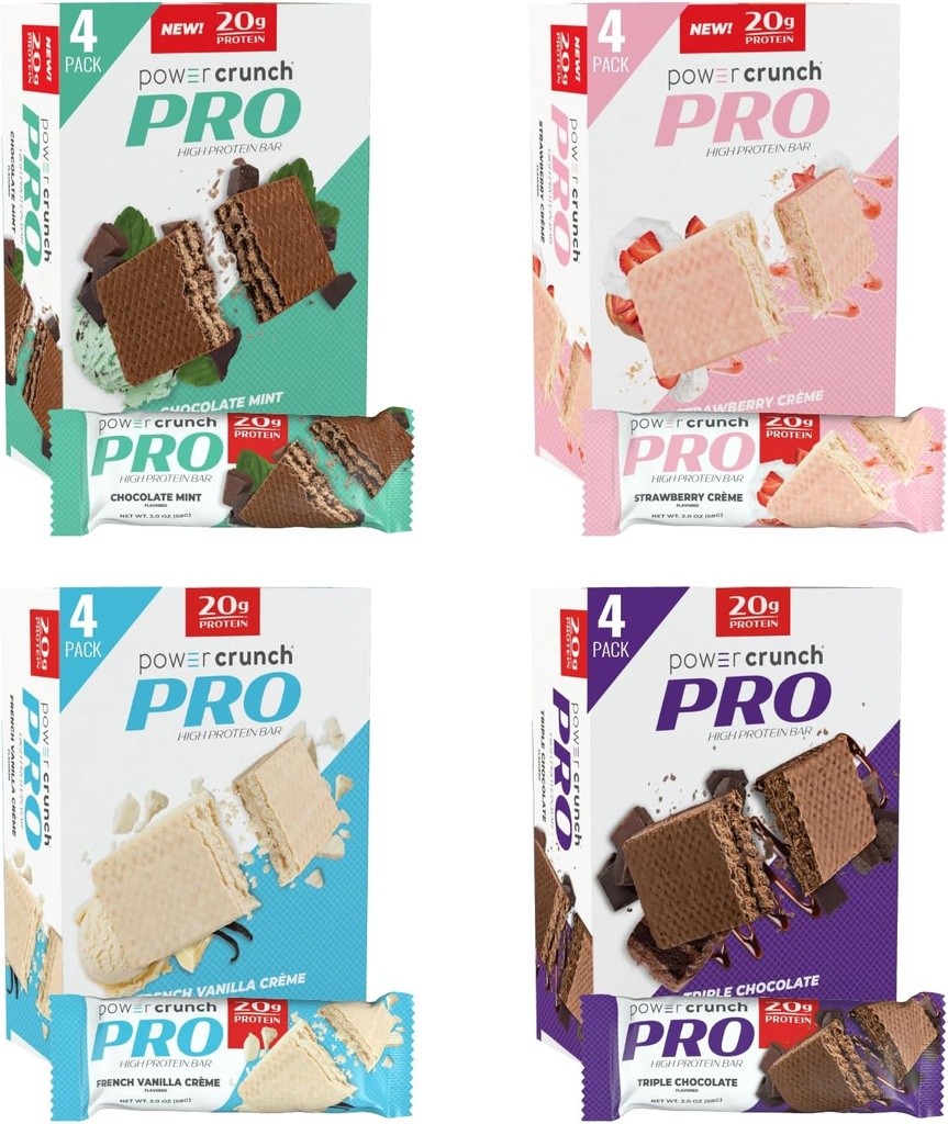 Power Crunch PRO Protein Wafer Bars, Variety Pack, in 4 Flavors 2.0 Ounce Bars (16 Conte). Proteine