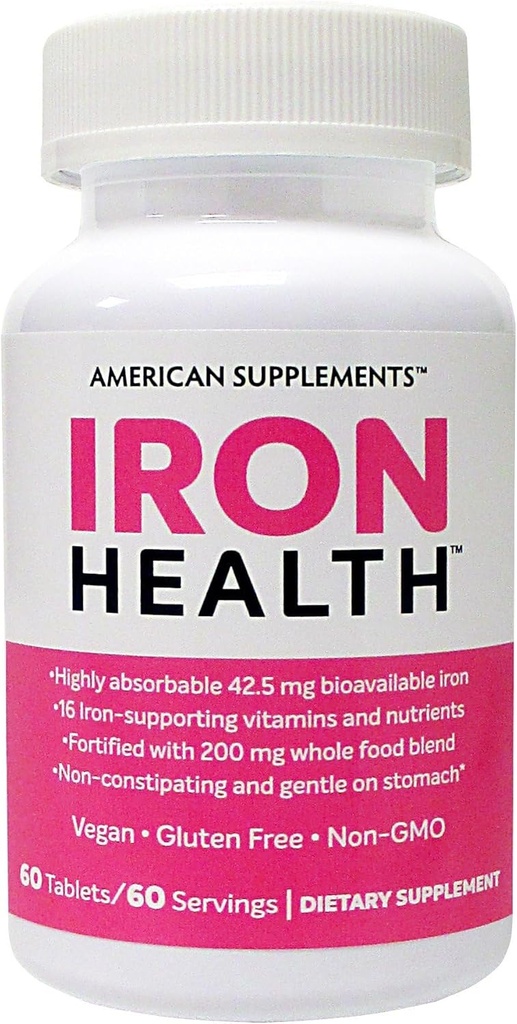 Iron Health 42.5 Mg ferro non costipante con 16 vitamine e nutrienti di sostegno del ferro, comprese le compresse di vitamina C 60