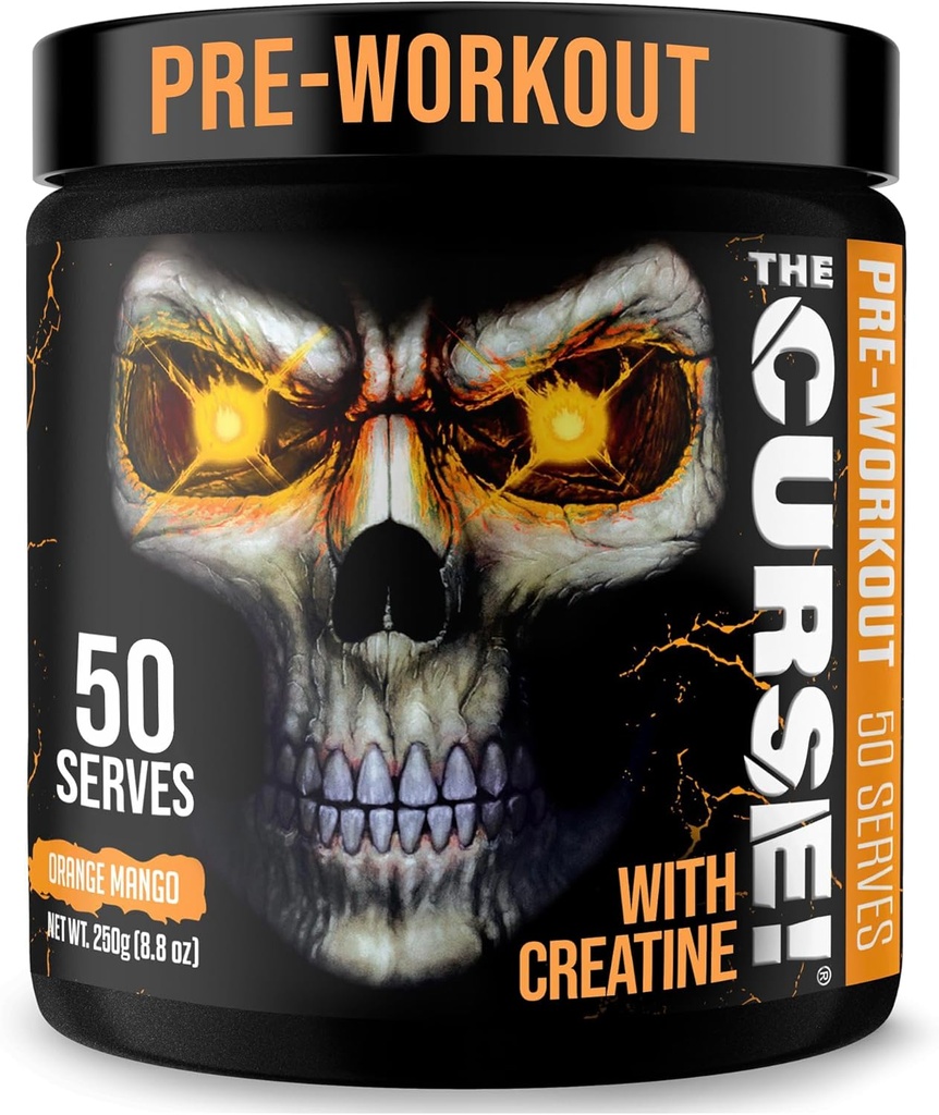 JNX SPORTS The Curse! Polvere pre allenamento per uomini e donne, caffeina, beta-alanina, creatina, L-citrullina, 50 selezioni, arancione Mango Flavor – Boost Energy, Forza & Focus