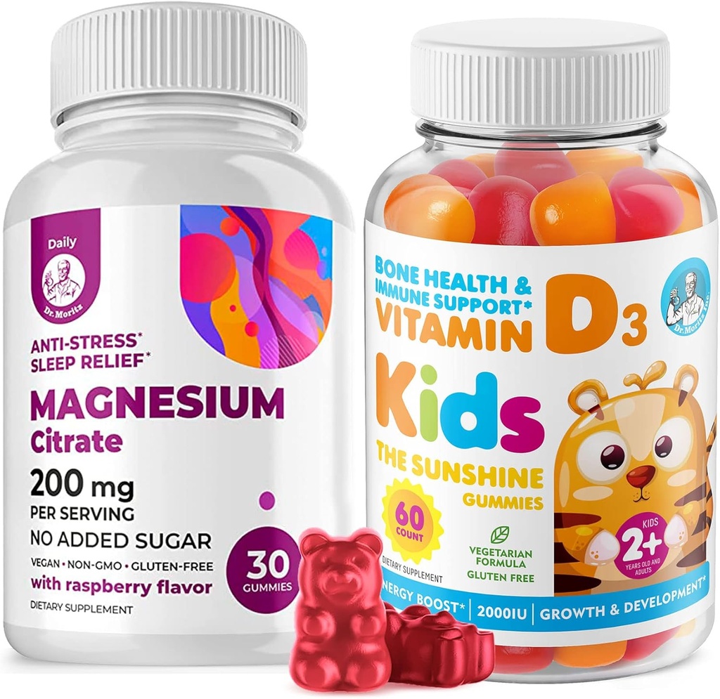 Vitamina D Gummies per Kids&Adults 2000 IU e Magnesio Gummies - sana vitamina D3 Integratori 1000IU - Supporto Immune Gelatino-Free Vegetariano con Zucchero-Free Magnesium Calm Chews for Kids&Adults