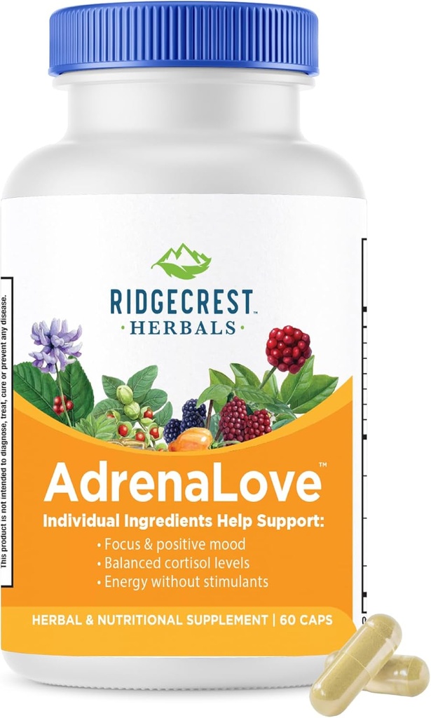 Ridgecrest Herbals AdrenaLove, Stress e Energy Support Supplemento con Ashwagandha, L-teanina, Ginseng, Schisandra, Taurine, Sacro Basilio, Adaptogens, B Vitamins (60 Vegan Caps, 30 Serv)
