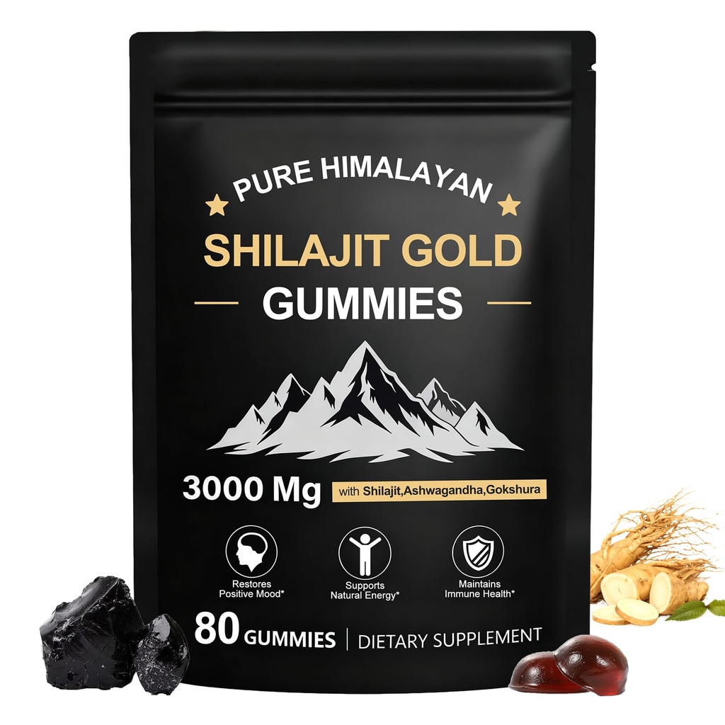 Shilajit Gummies, Pure Himalayan Shilajit Gummies Oro, Non Aggiunto Zucchero Non OGM 100% Naturale & Organico, Ashwagandha, Gokshura| Acido Fulvic & 85+ Minerali di Traccia per Uomini, Donne | 60 Gummy