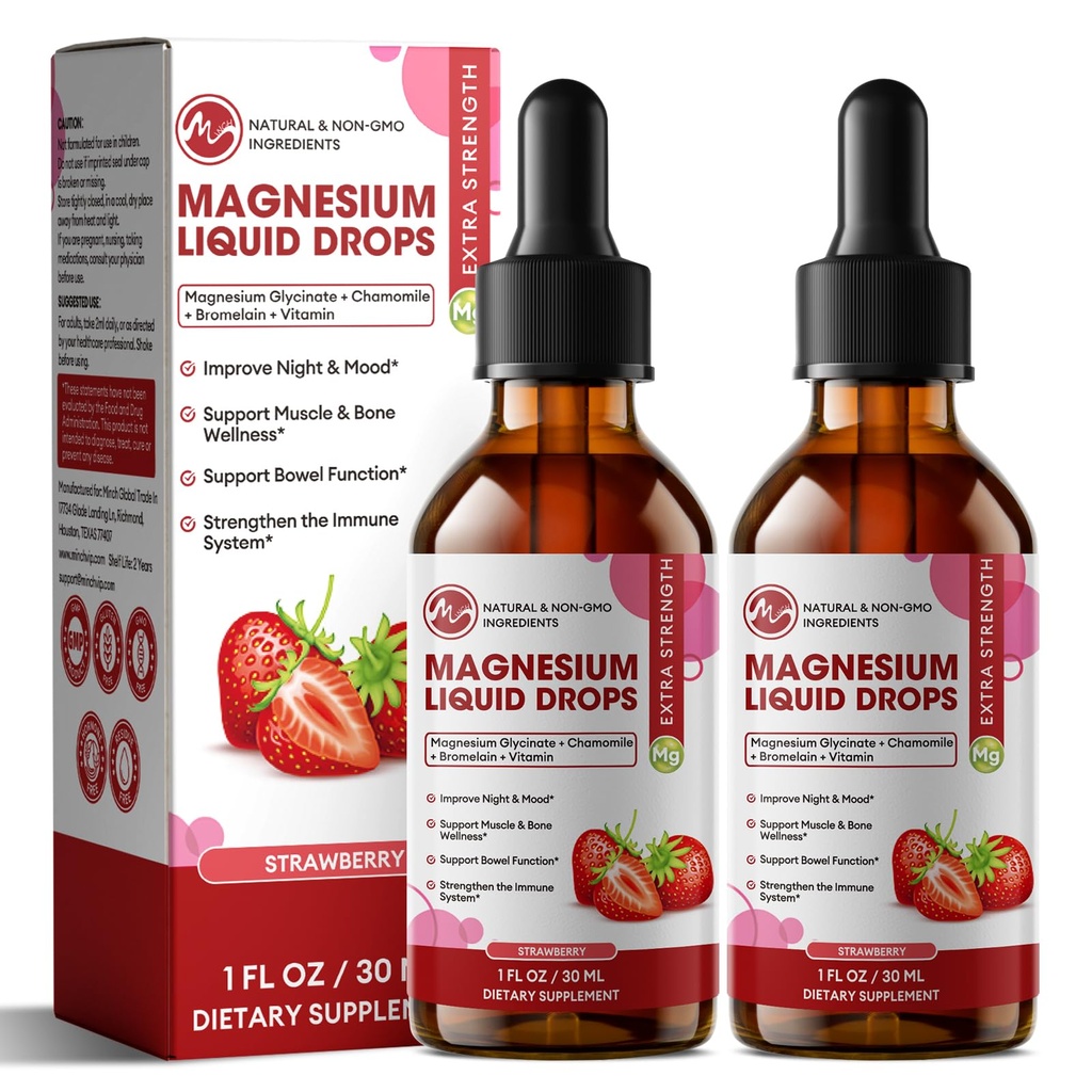 M pollice Magnesio Glycinate Liquido, Alto assorbimento Magnesio Gocce liquide con fibra di cellulosa, Bromelain, Vitamina B6, C, D, Zinco, Magnesio Supplemento per bambini e adulti, Sapore di fragola, 2 Confezione