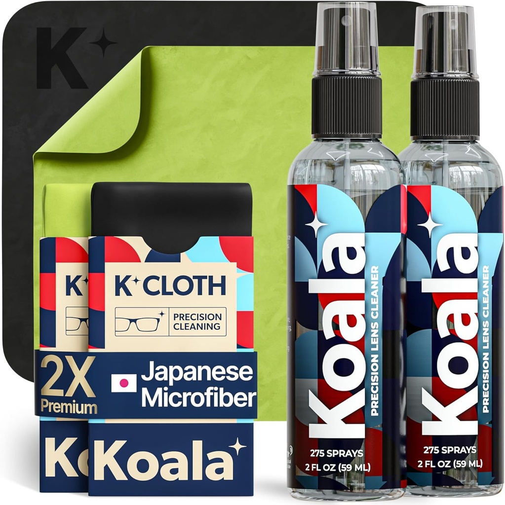 Kit di spruzzo per occhiali Koala Lens Cleaner | (2x) Bottiglia di detergente per occhiali + (2x) Cloth in microfibra | Occhiali, Schermo e Kit di pulizia della fotocamera | Made in USA (4 pezzi Set)