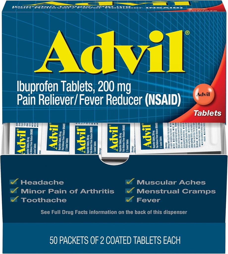 Advil Pain Reliever e Fever Riduttore, Pain Relief Medicine con Ibuprofen 200mg per Mal di testa, Backache, Dolore mestruale e Joint Pain Relief - 100 compresse rivestite ( Imballaggio può variare)