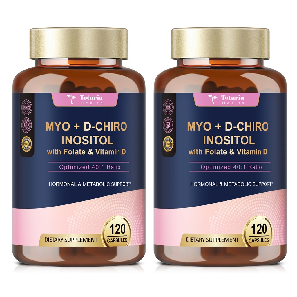 Totaria Inositol Supplemento per le donne con vitamina D3, Folate, 40:1 Ratio Myo-Inositol & D-Chiro Inositol Complex, (Vitamin B8) Inositol Capsule, Confezione da 2