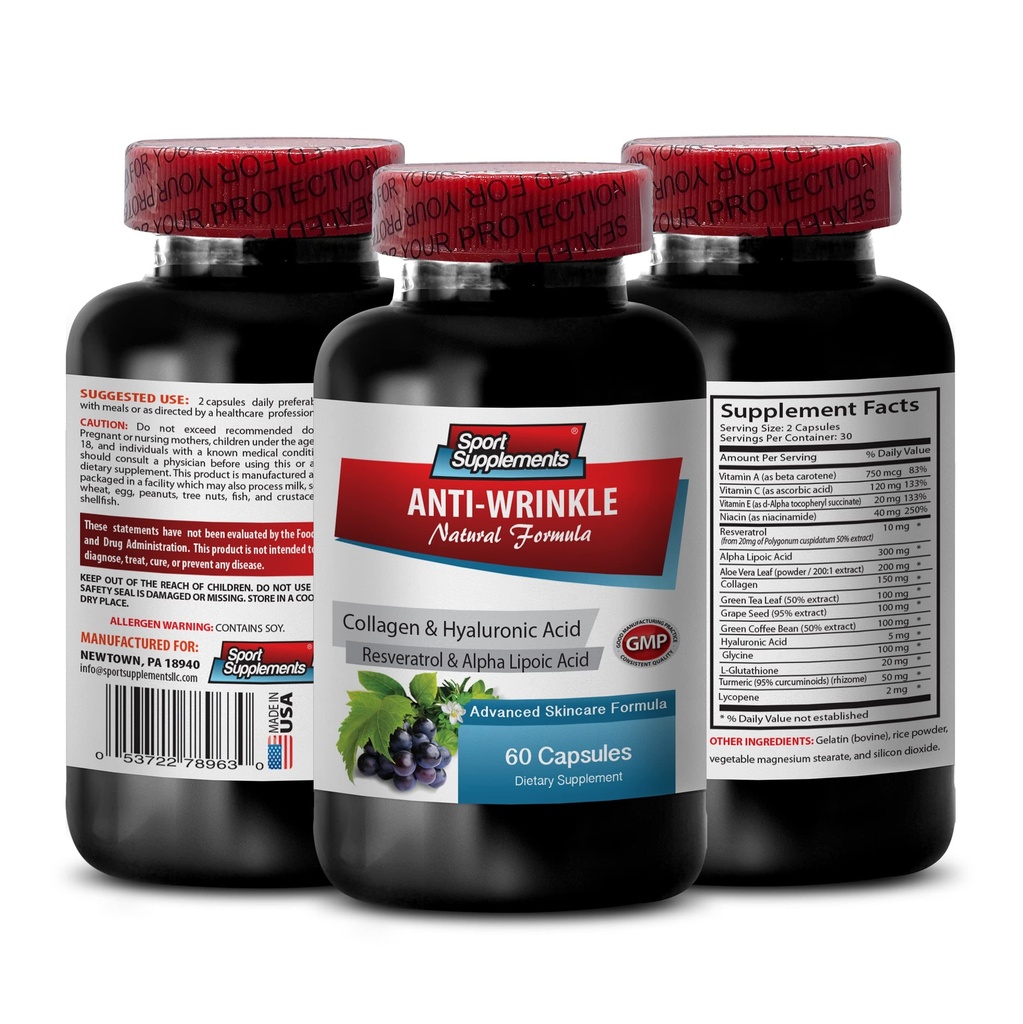 Resveratrolo 250 - Antirughe Pillole - Anti invecchiamento cura della pelle per le donne, collagene antirughe pillole, succo di aloe vera per la pelle, capsule di aloe vera organiche, vitamine di acido alogenonico, 1 Bot 60 capsule