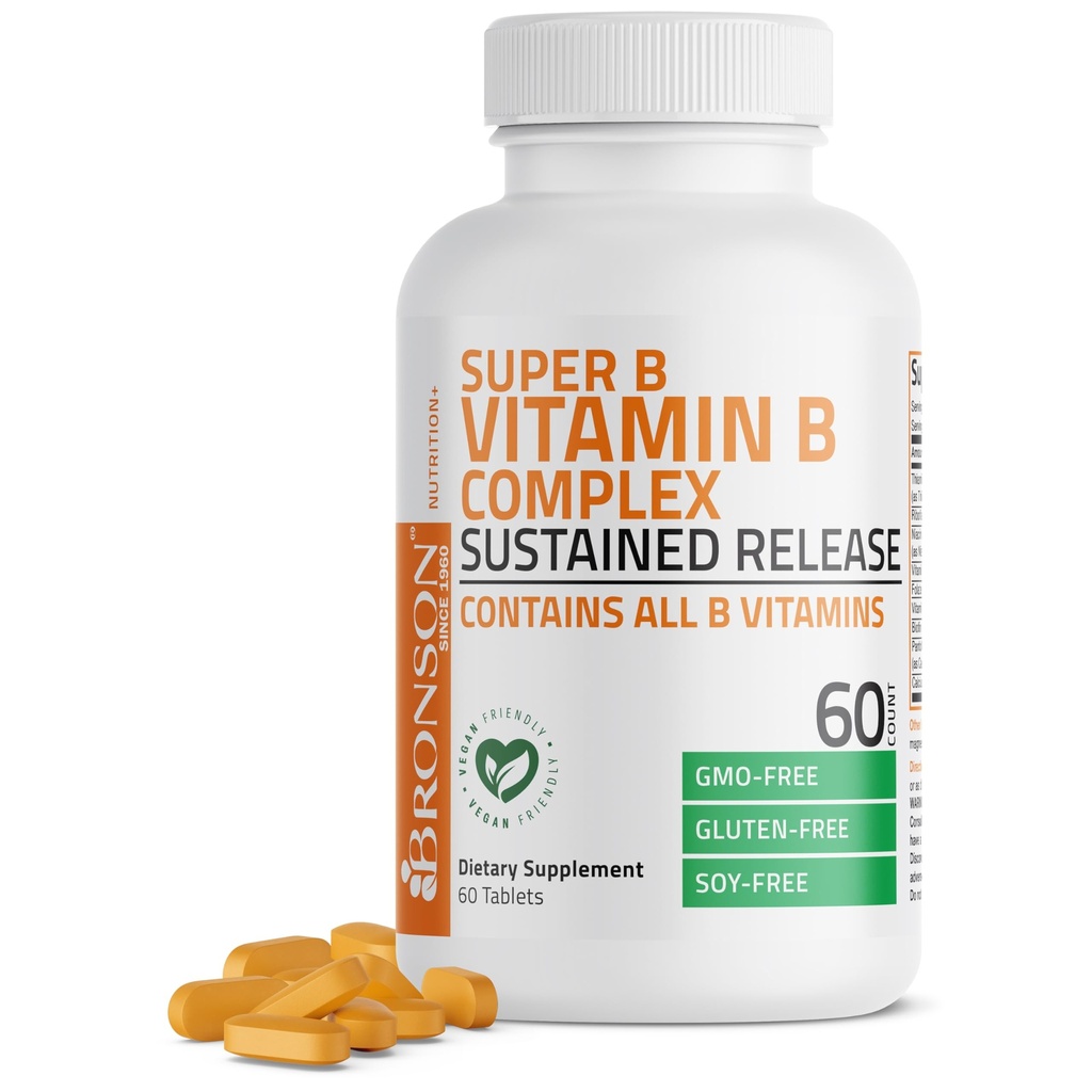 Bronson Super B Vitamina B Complesso Sostenuto lento rilascio (Vitamina B1, B2, B3, B6, B9 - Acido Folico, B12) Contiene tutte le vitamine B 60 compresse