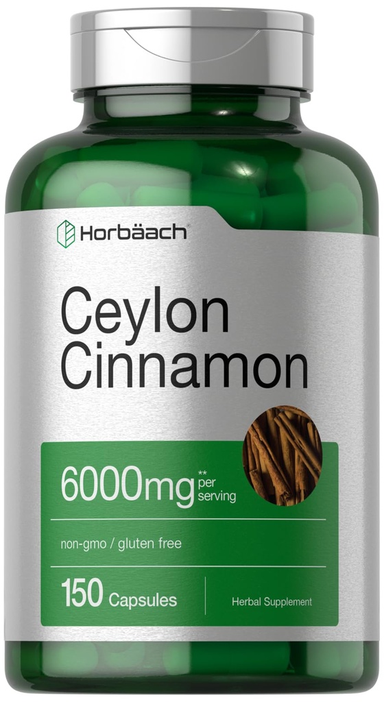 Horbäach Ceylon Cinnamon Capsule | 6000 mg | 150 Count | Non OGM & Gluten Supplemento gratuito