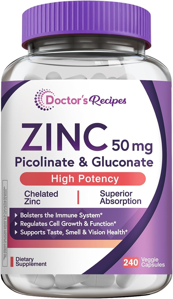 Ricette del medico Zinco 50mg, Altamente assorbibile Zinco Picolinato & Gluconato, Supporta la difesa immunitaria naturale, DNA & Protein Formazione, Crescita cellulare, Non OGM, 240 capsule vegetali