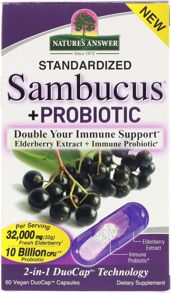 Risposta della natura Sambucus + Probiotico | Nuovo 2-in-1 raddoppiare il vostro supporto immunitario | 32,000mg Standardized Fresh Elderberry Duo Cap con 10 miliardi di CFU Probiotic | Gluten-Free, Non-GMO | 60 capsule vegane