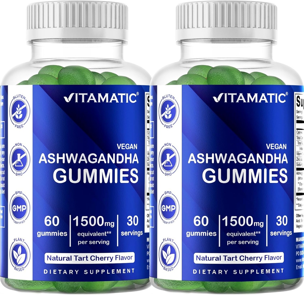 Vitamatic 2 Pack Ashwagandha Gummies 1500 mg Equivalent Per Serving (da 30:1 Estratto 50 mg) - 60 Vegan Gummies - 3% Withanolides