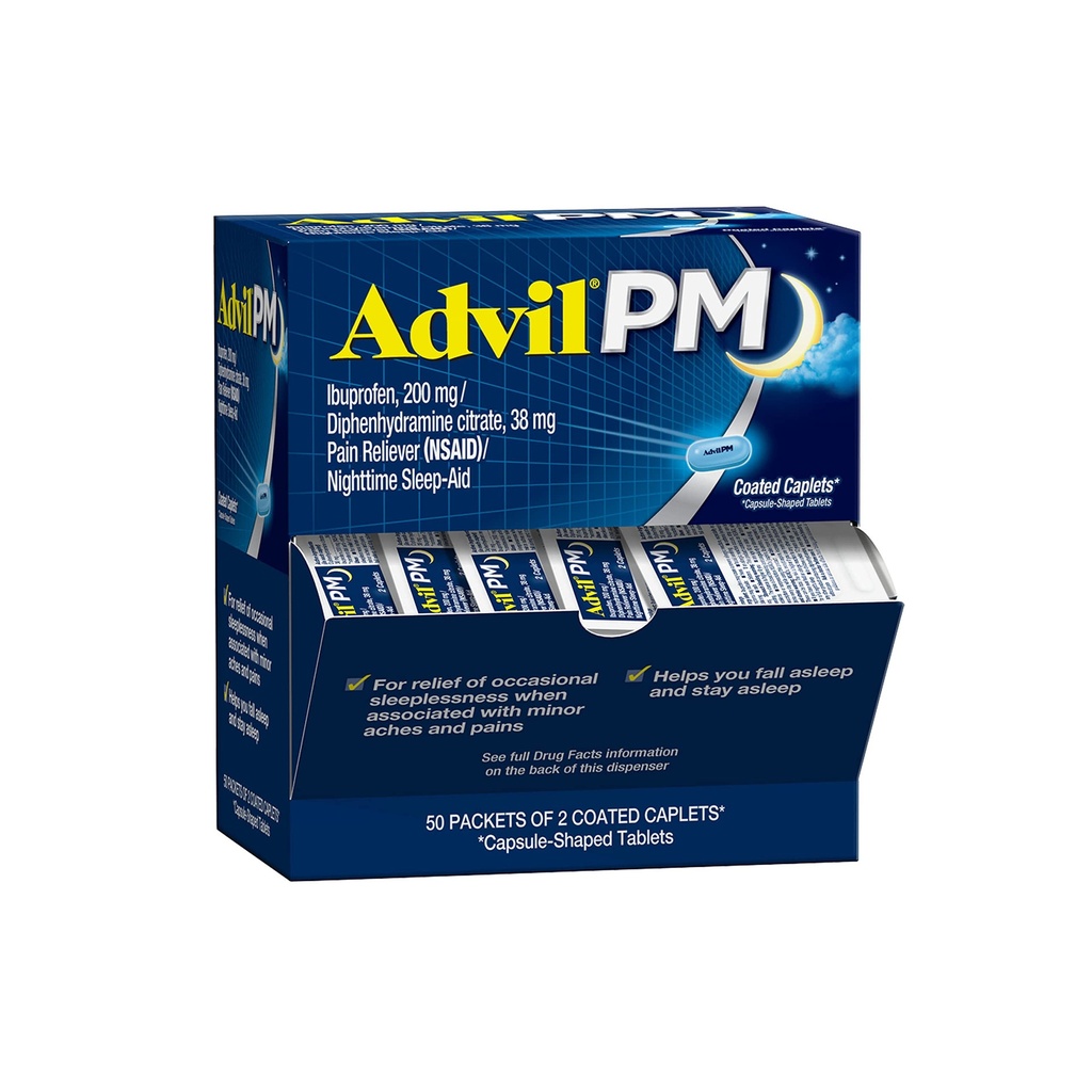 Advil PM Pain Reliever e Nighttime Sleep Aid, Medicina del dolore con Ibuprofene per il sollievo del dolore e Citrato di difenidramina per un aiuto al sonno - 50x2 Caplets ricoperti