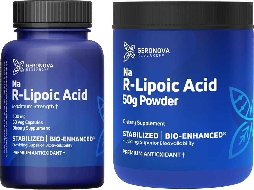 Geronova Ricerca R-Lipoic Acid 300mg 60 Caps, Bio-Enhanced Na R-Lipoic Acid 50g Polvere Bundle