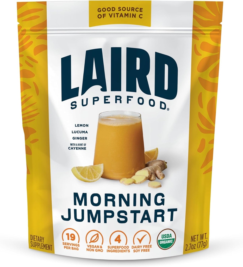 Laird Superfood Morning Jumpstart Powder Drink Supplement, Limone, Lucuma, Ginger e Cayenne Cleanse, Organic, 2.7 Oz Bag, Confezione da 1